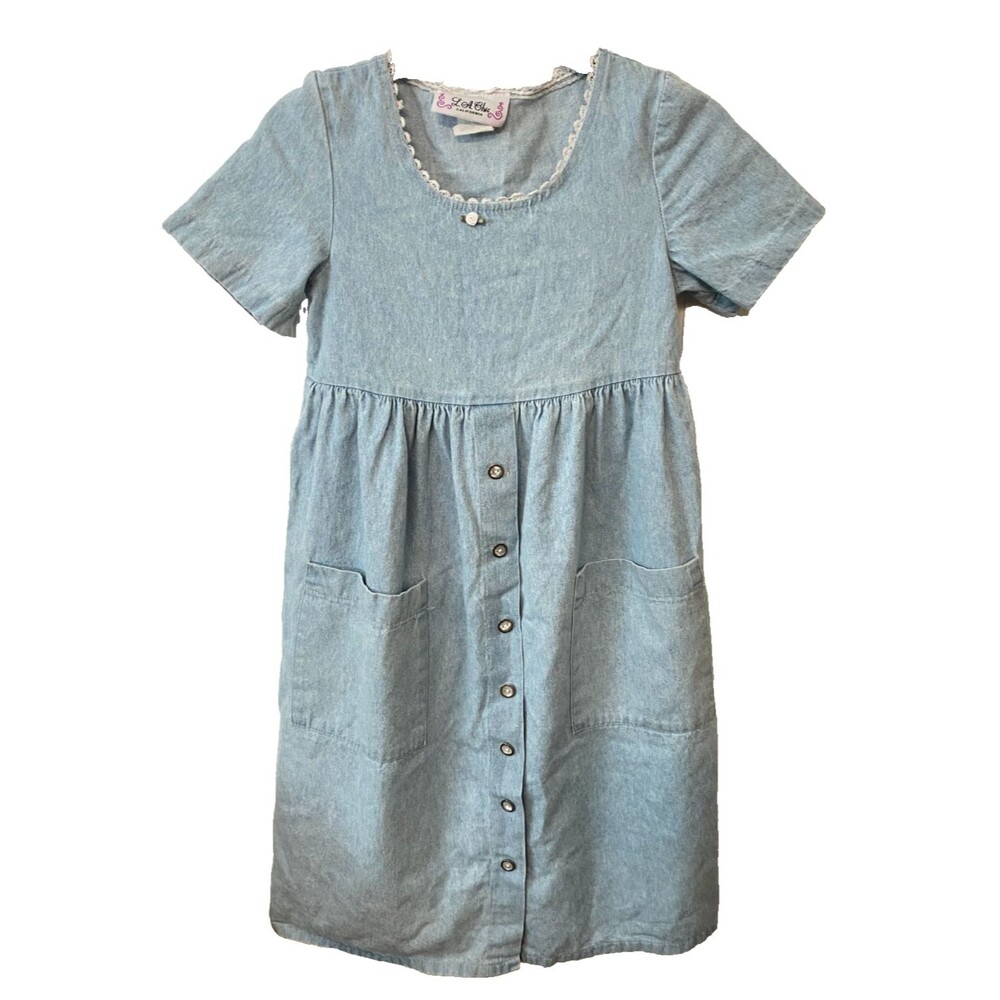 Vtg LA Chic Girls M Denim Dress Pockets Button Front USA Made Cottage Lace Kids
